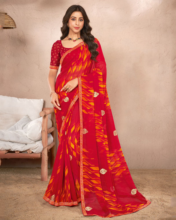 Vishal Prints Cherry Red Printed Georgette Saree With Foil Print And Fancy Border