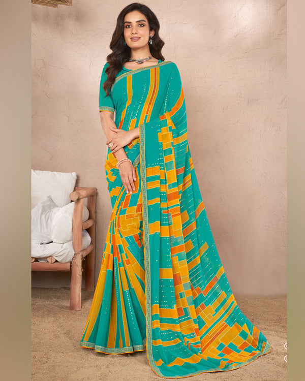 Vishal Prints Teal Green Printed Georgette Saree With Foil Print And Fancy Border