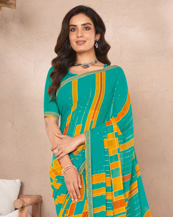 Vishal Prints Teal Green Printed Georgette Saree With Foil Print And Fancy Border