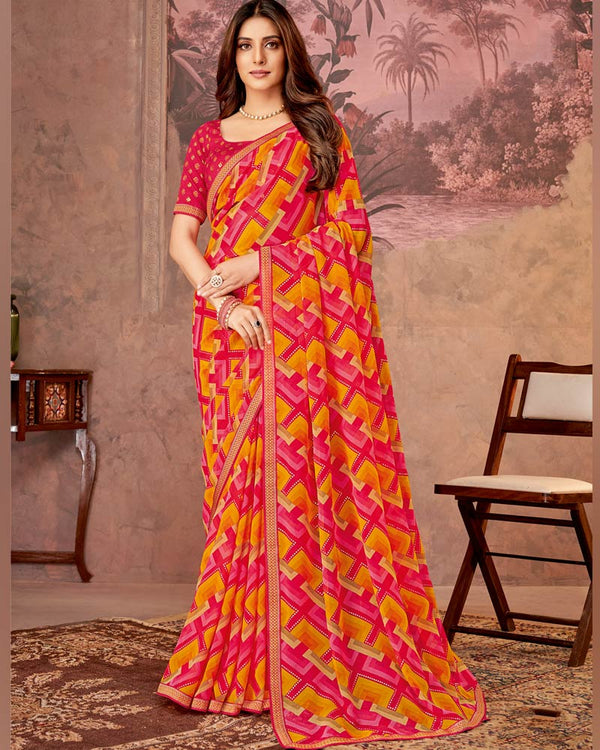 Vishal Prints Red Pink Printed Georgette Saree With Foil Print And Zari Border