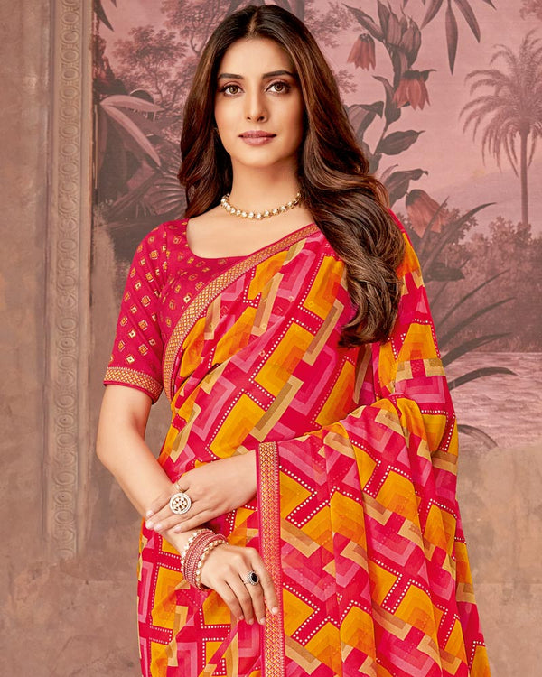 Vishal Prints Red Pink Printed Georgette Saree With Foil Print And Zari Border