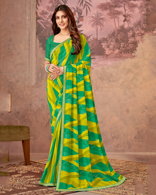 Vishal Prints Dark Mint Green Printed Georgette Saree With Foil Print And Zari Border