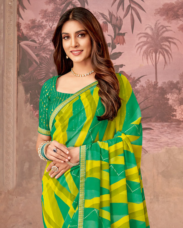 Vishal Prints Dark Mint Green Printed Georgette Saree With Foil Print And Zari Border