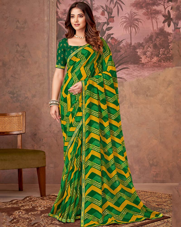 Vishal Prints Bottle Green Printed Georgette Saree With Foil Print And Zari Border