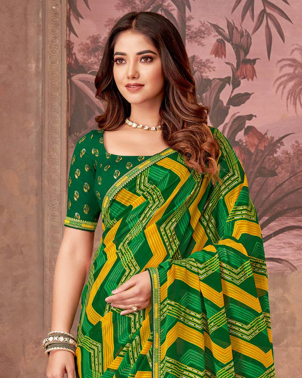 Vishal Prints Bottle Green Printed Georgette Saree With Foil Print And Zari Border