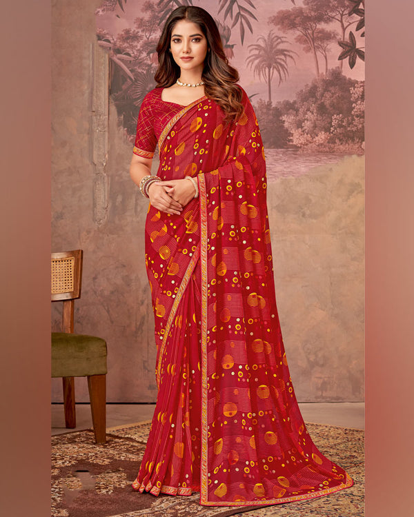 Vishal Prints Dark Red Printed Georgette Saree With Foil Print And Zari Border