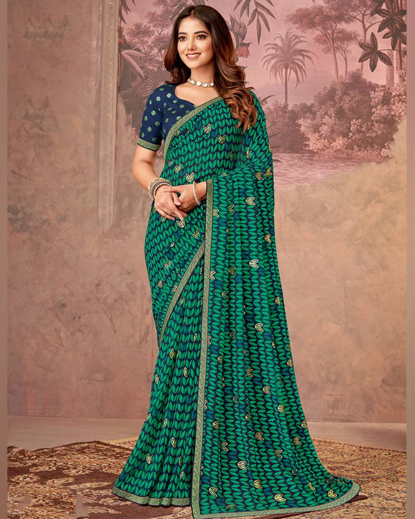 Vishal Prints Aqua Green Printed Georgette Saree With Foil Print And Zari Border