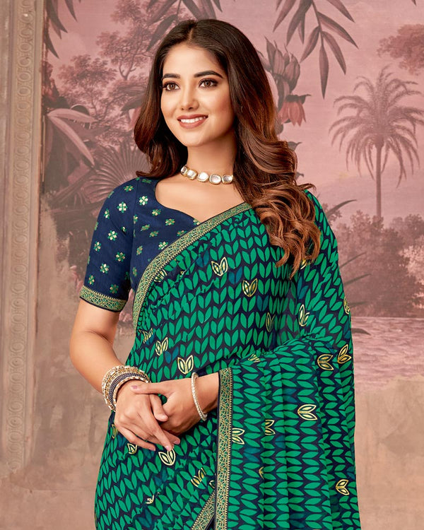 Vishal Prints Aqua Green Printed Georgette Saree With Foil Print And Zari Border