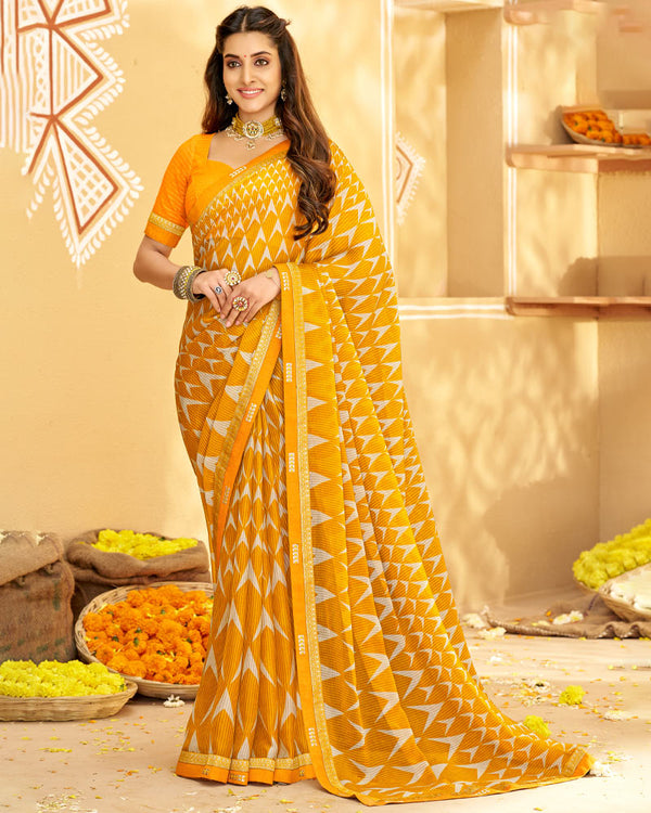 Vishal Prints Yellowish Orange Printed Chiffon Saree With Fancy Border