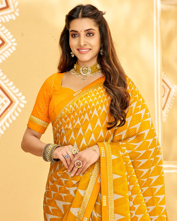 Vishal Prints Yellowish Orange Printed Chiffon Saree With Fancy Border