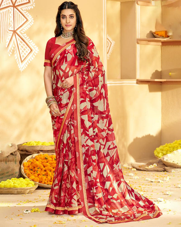 Vishal Prints Cherry Red Printed Chiffon Saree With Fancy Border