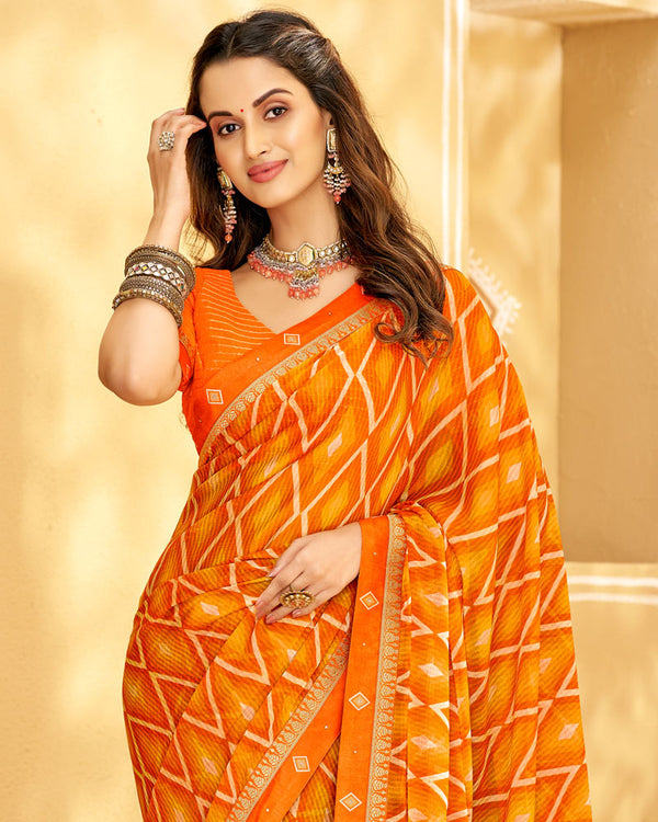 Vishal Prints Orange Printed Chiffon Saree With Fancy Border