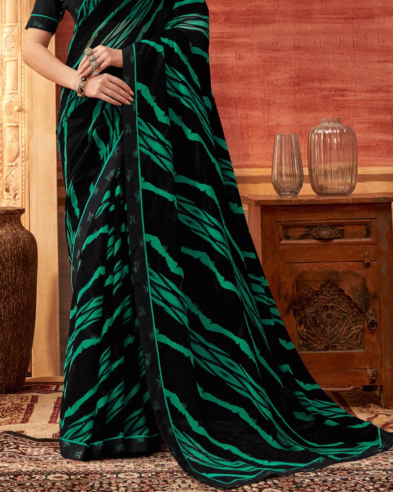 Vishal Prints Black And Dark Mint Printed Georgette Saree With Fancy Border