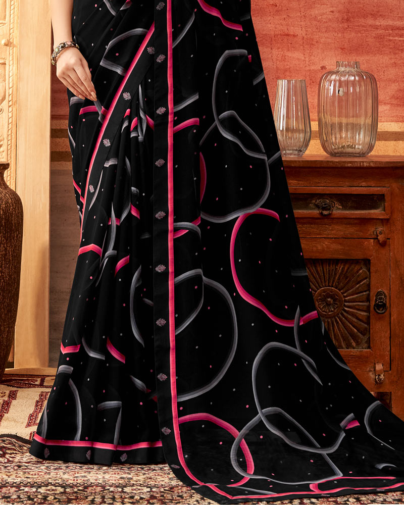 Vishal Prints Black And Red Pink Printed Georgette Saree With Fancy Border