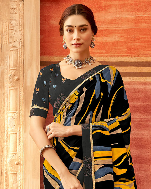 Vishal Prints Black And Mustard Printed Georgette Saree With Fancy Border