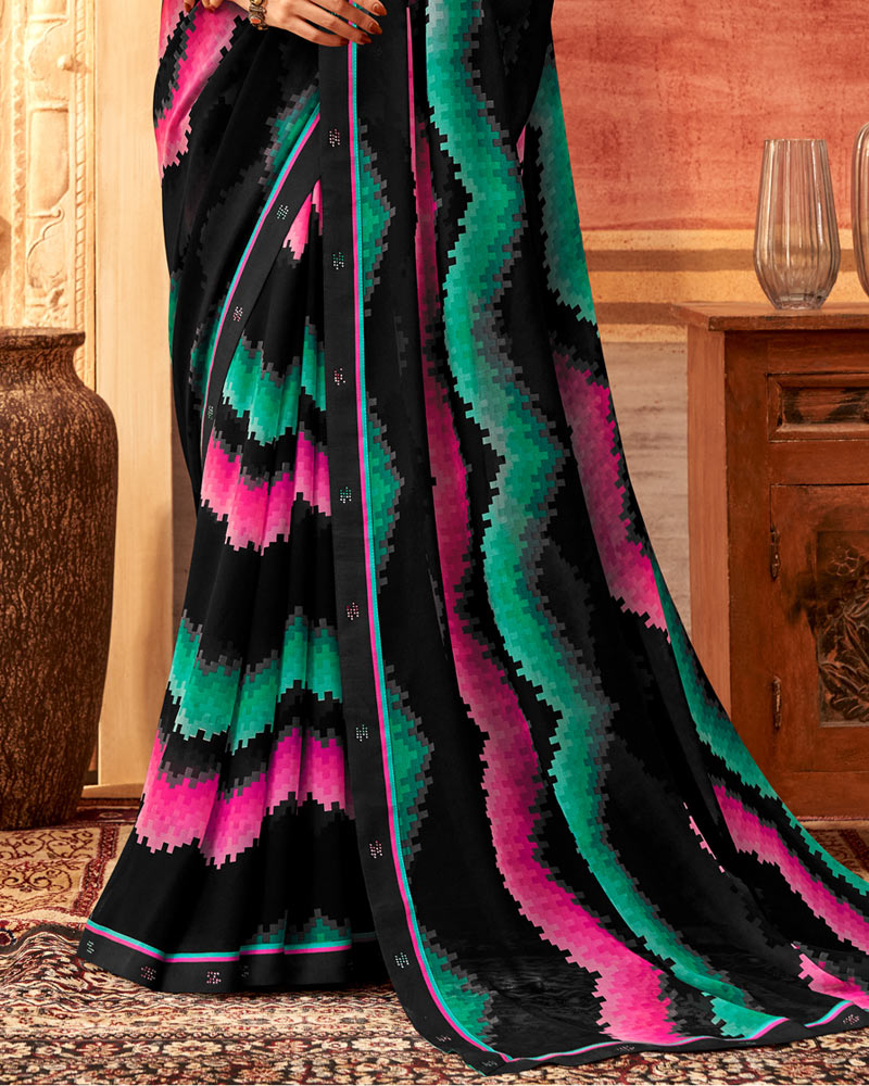 Vishal Prints Black And Persian Green Printed Georgette Saree With Fancy Border