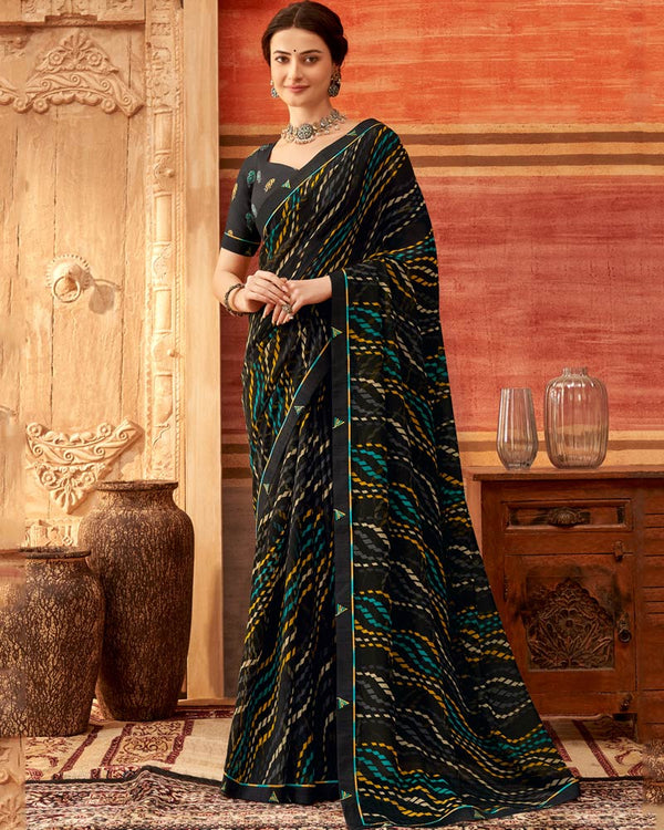 Vishal Prints Black And Multi Color Printed Georgette Saree With Fancy Border