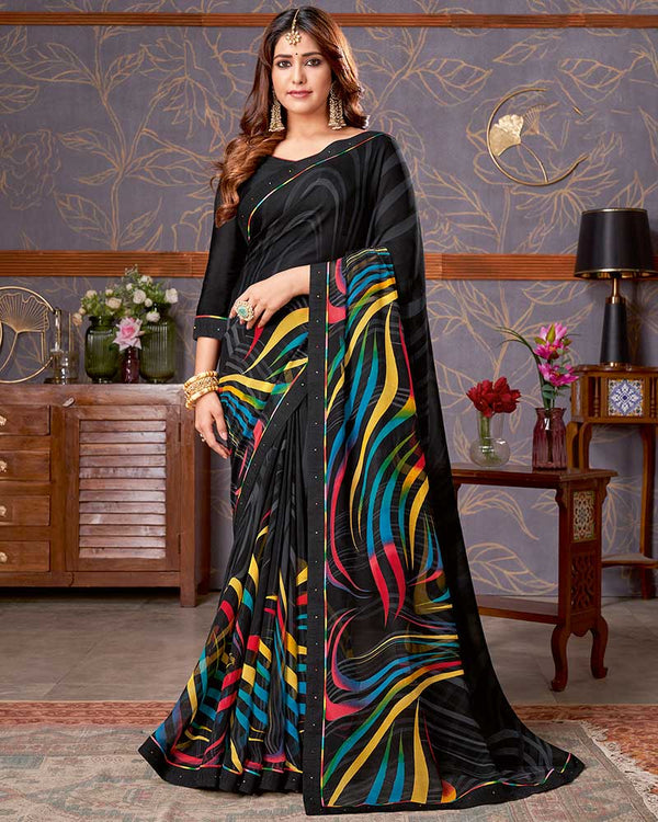 Vishal Prints Black And Multicolor Printed Georgette Saree With Fancy Border