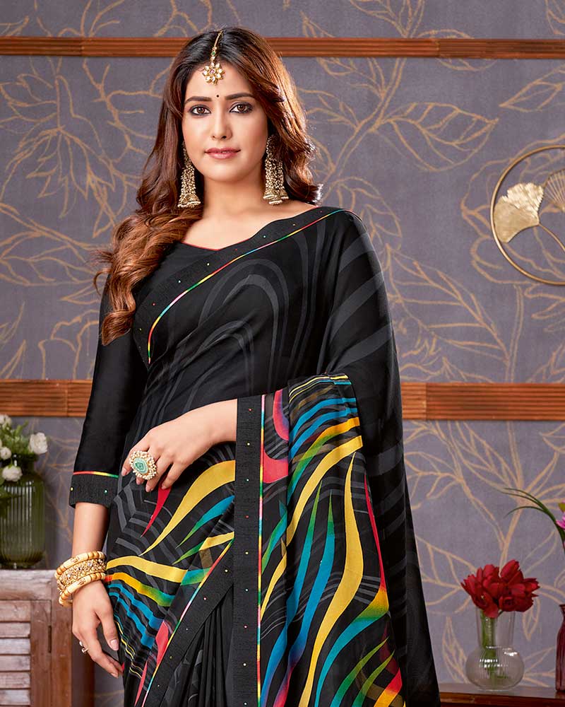 Vishal Prints Black And Multicolor Printed Georgette Saree With Fancy Border