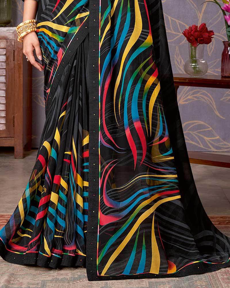 Vishal Prints Black And Multicolor Printed Georgette Saree With Fancy Border