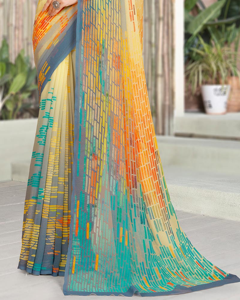 Vishal Prints Pastel Yellow Digital Print Georgette Saree