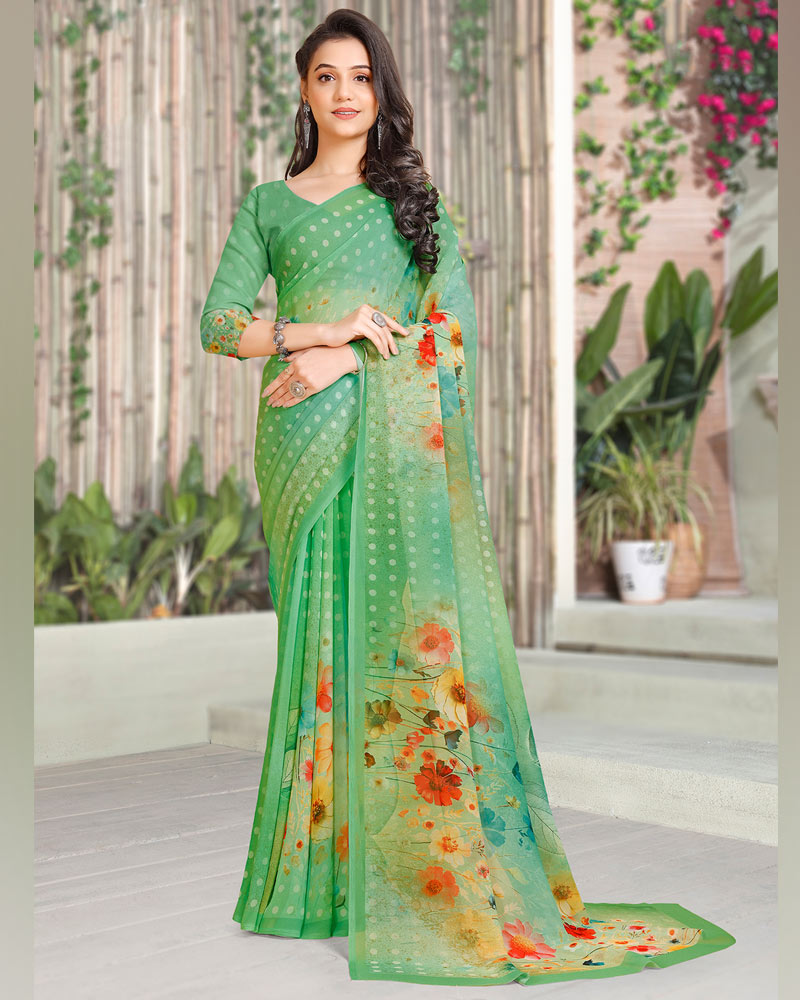 Vishal Prints Fern Green Digital Print Georgette Saree