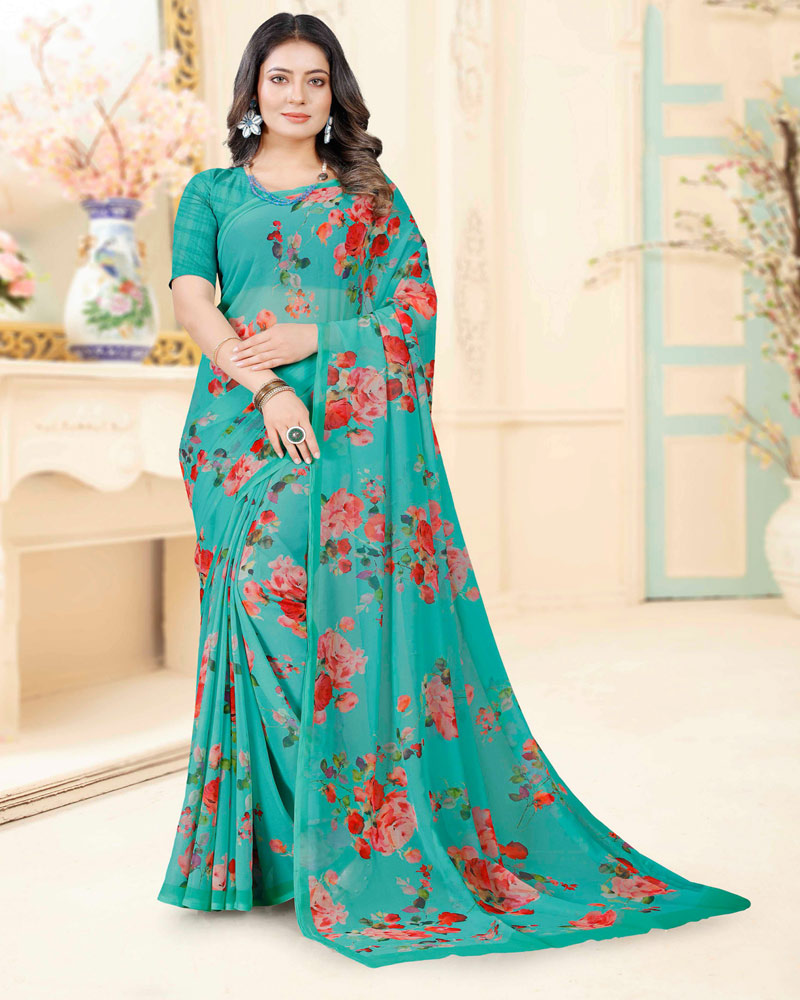 Vishal Prints Teal Green Digital Print Georgette Saree