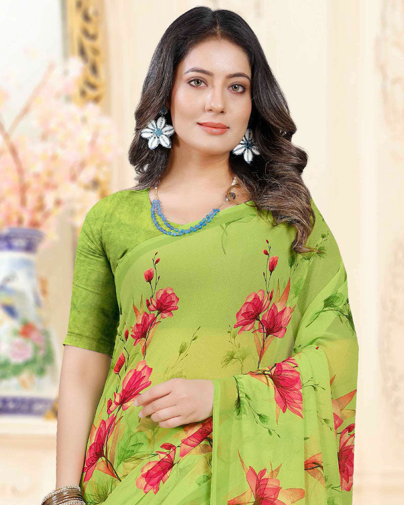 Vishal Prints Celery Green Digital Print Georgette Saree