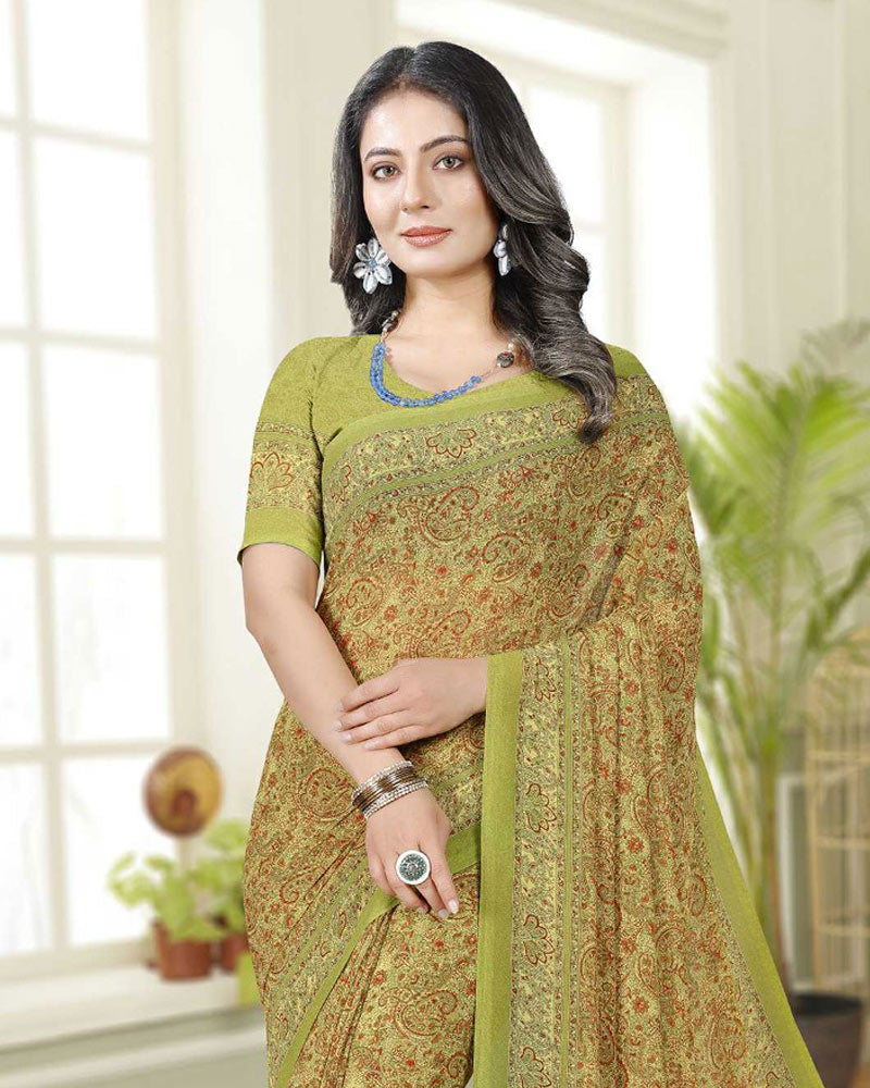 Vishal Prints Pale Olive Digital Print Georgette Saree