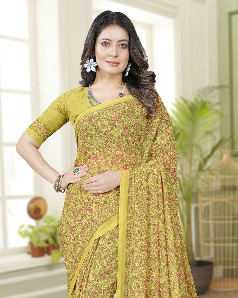 Vishal Prints Pale Gold Yellow Digital Print Georgette Saree