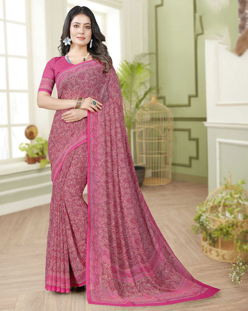 Vishal Prints Dark Rose Pink Digital Print Georgette Saree