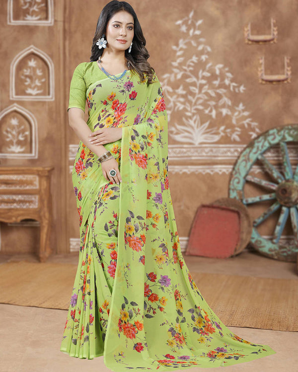 Vishal Prints Pastel Olive Yellow Digital Print Georgette Saree