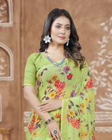 Vishal Prints Pastel Olive Yellow Digital Print Georgette Saree