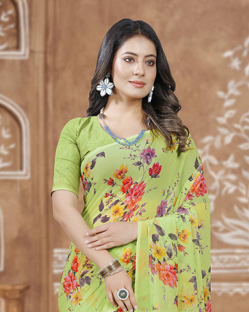 Vishal Prints Pastel Olive Yellow Digital Print Georgette Saree