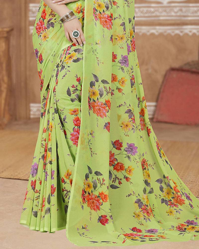 Vishal Prints Pastel Olive Yellow Digital Print Georgette Saree