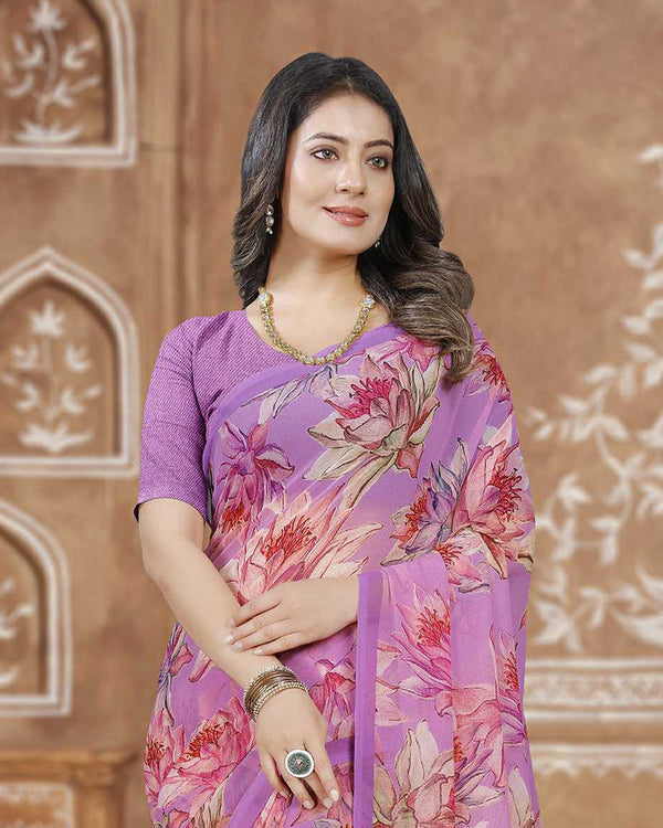 Vishal Prints Dusty Lavender Digital Print Georgette Saree