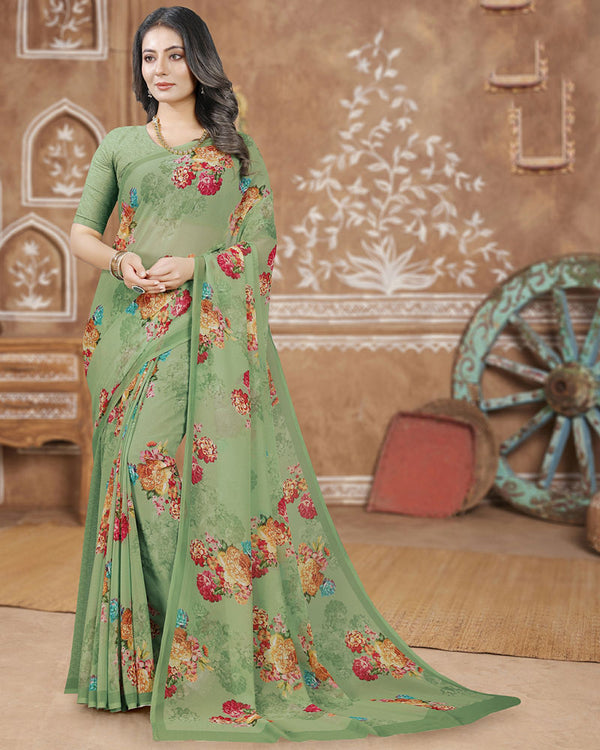 Vishal Prints Pastel Olive Green Digital Print Georgette Saree