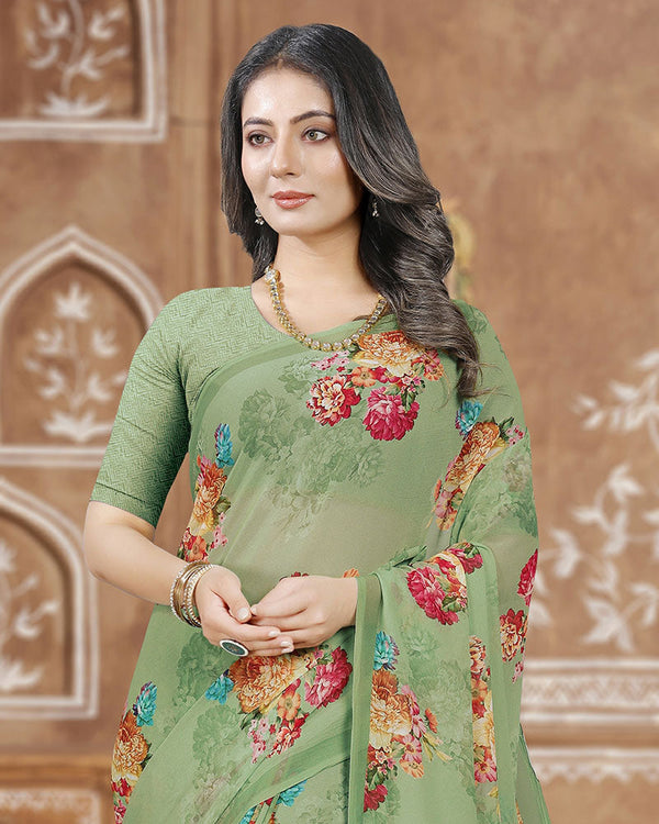 Vishal Prints Pastel Olive Green Digital Print Georgette Saree