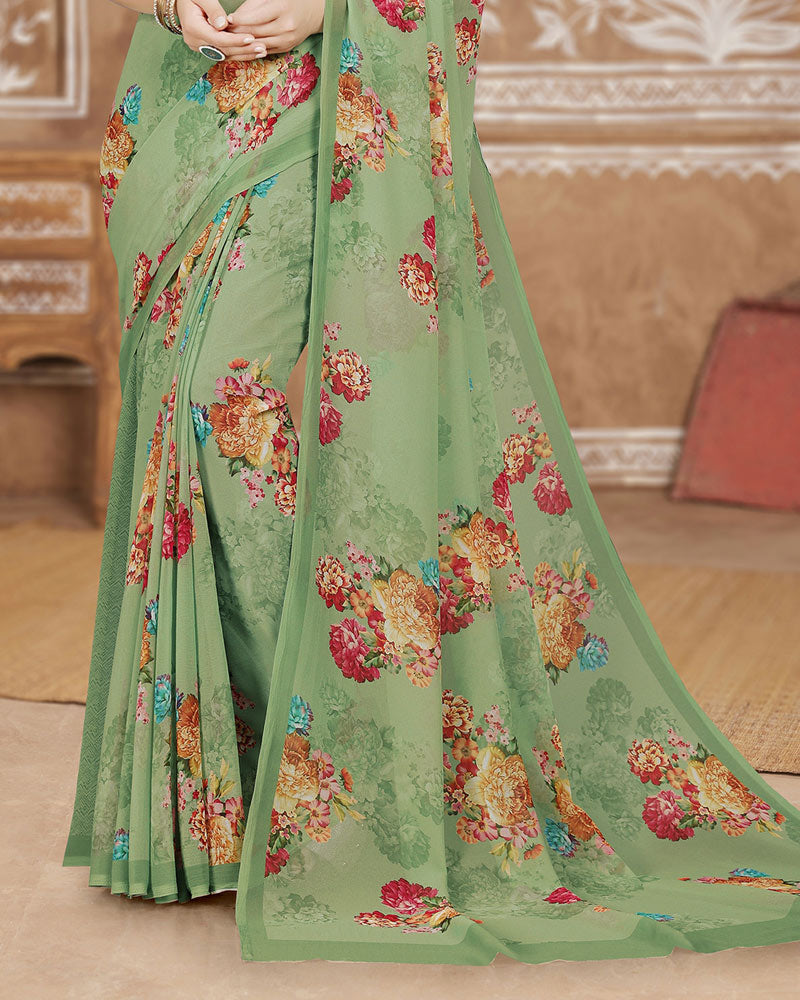 Vishal Prints Pastel Olive Green Digital Print Georgette Saree