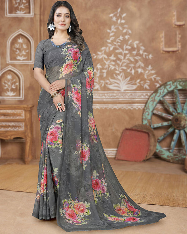 Vishal Prints Dark Grey Digital Print Georgette Saree