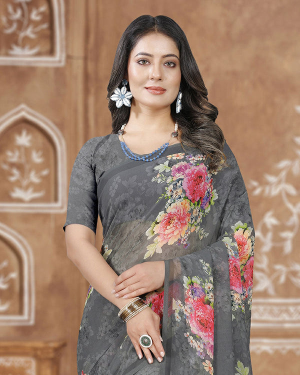 Vishal Prints Dark Grey Digital Print Georgette Saree