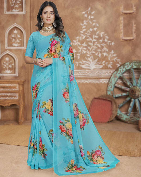 Vishal Prints Pelorous Blue Digital Print Georgette Saree