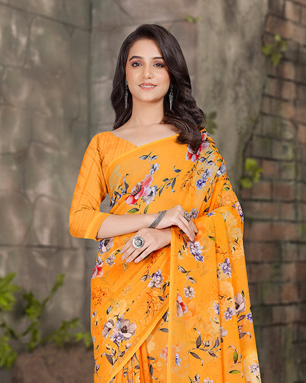 Vishal Prints Bright Orange Digital Print Georgette Saree