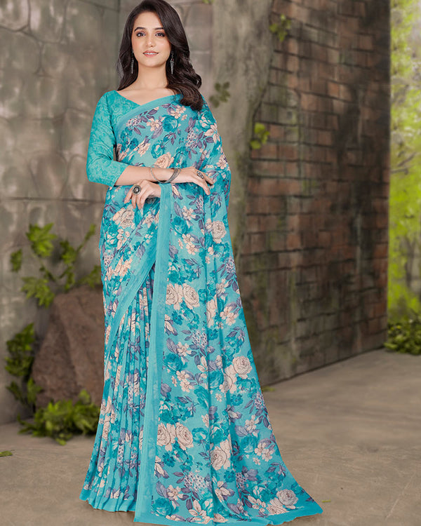 Vishal Prints Glacier Blue Digital Print Georgette Saree