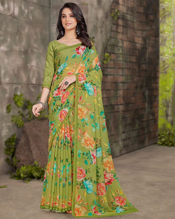 Vishal Prints Olive Green Digital Print Georgette Saree