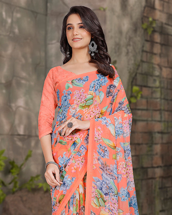 Vishal Prints Peachy Pink Digital Print Georgette Saree