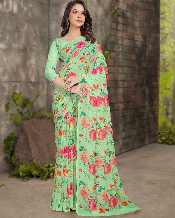 Vishal Prints Pastel Spring Green Digital Print Georgette Saree