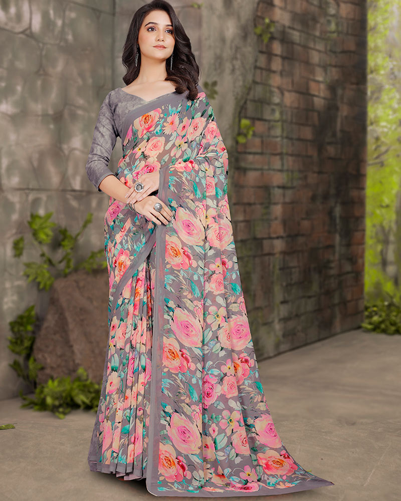 Vishal Prints Pale Brown Digital Print Georgette Saree