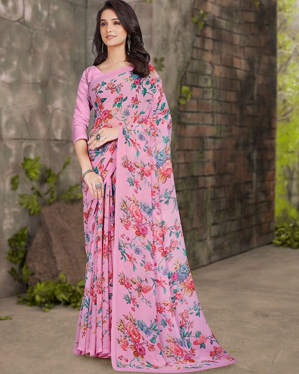 Vishal Prints Rose Pink Digital Print Georgette Saree