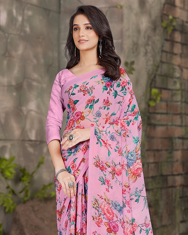 Vishal Prints Rose Pink Digital Print Georgette Saree